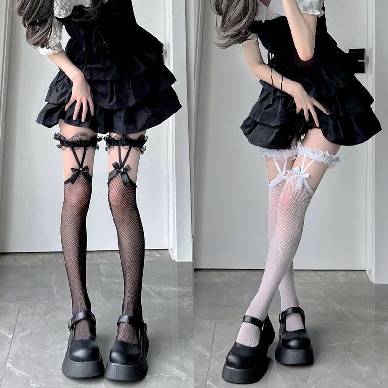 Womens Lolita Lace Bow Fishnet Tights Hollow Out Pantyhose Thigh-High  Stockings