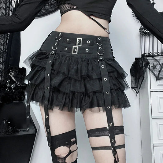 Gothic Black Mesh Ruffle Skirt