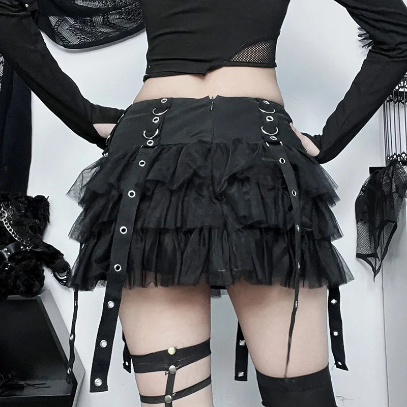 Gothic Black Mesh Ruffle Skirt