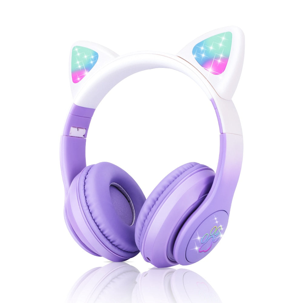 Kawaii Cat Ear Headphones w/ Microphone - Purple & White Headphones - Femboy Fatale