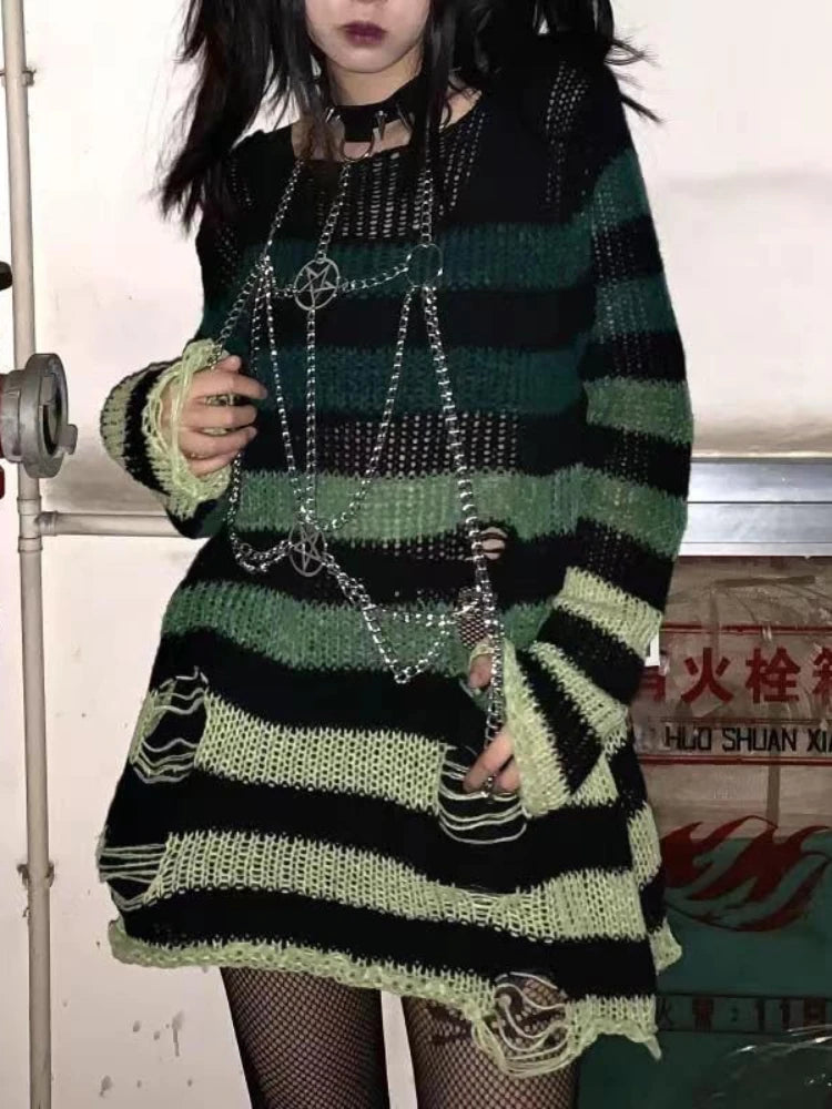 Gothic Distressed Oversized Striped Sweater Collection