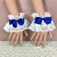 Maiden Cuffs w/ Ribbon - White Lace w/ Navy Blue Ribbon - Femboy Fatale