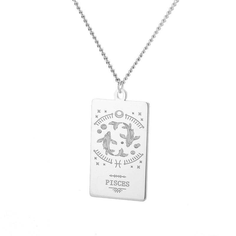 Zodiac Engraved Plate Pendant - Pisces Silver Pendant - Femboy Fatale