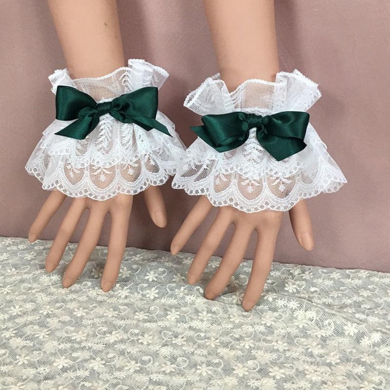 Maiden Cuffs w/ Ribbon - White Lace w/ Dark Green Ribbon - Femboy Fatale