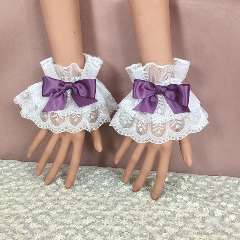 Maiden Cuffs w/ Ribbon - White Lace w/ Purple Ribbon - Femboy Fatale