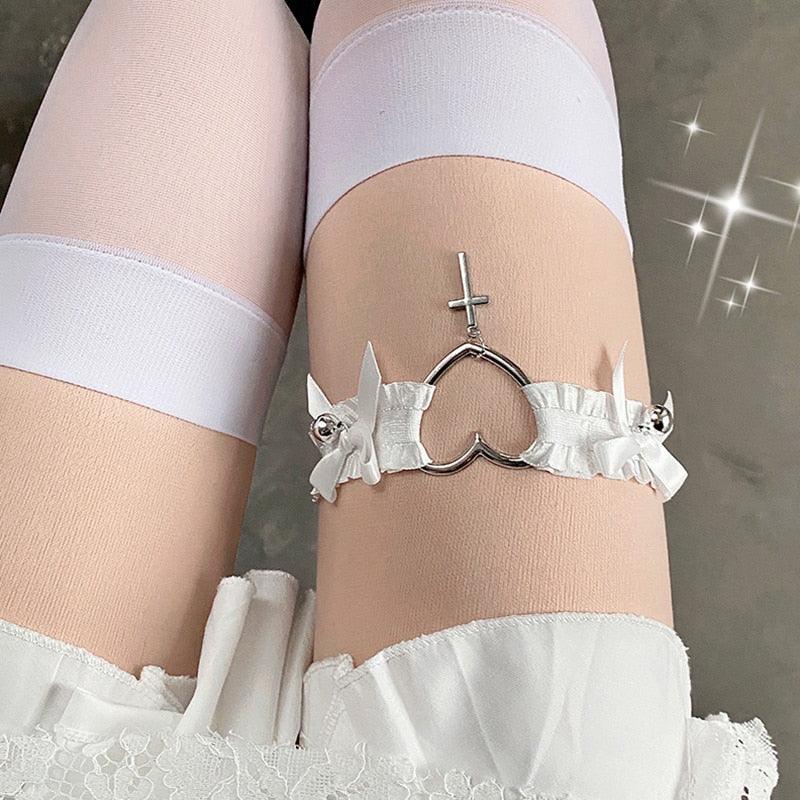 Heart and Cross Lace Garter/Choker with Ribbons - Garters - Femboy Fatale