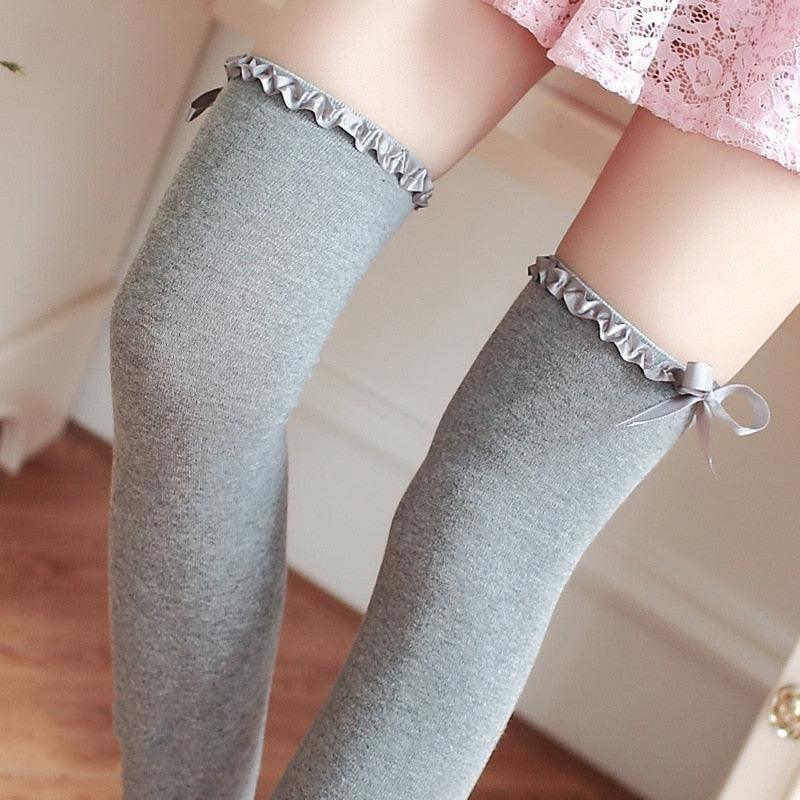 Ribbon Thigh High Stockings - Gray Socks - Femboy Fatale